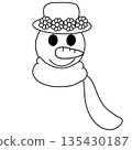 Cartoon of a snowman wearing a hat and scarf, black and white line art illustration. 135430187