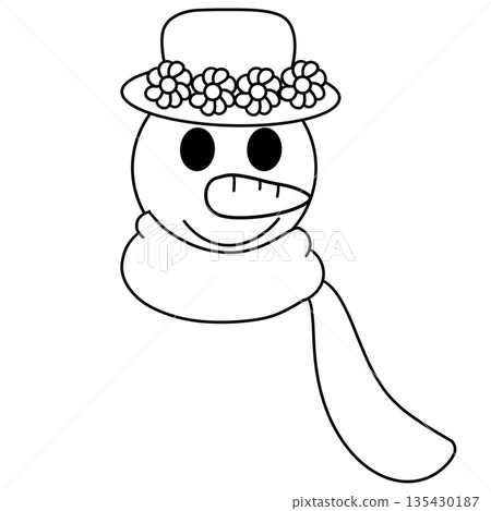 Cartoon of a snowman wearing a hat and scarf, black and white line art illustration. Cartoon of a snowman wearing a hat and scarf, black and white line art illustration. 135430187