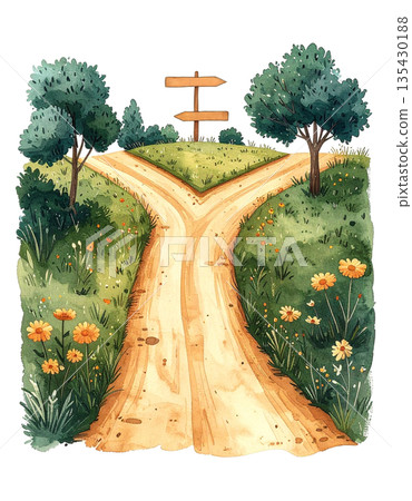 水彩插畫2，描繪了雷諾曼卡牌中的“道路”，象徵著人生的岔路口和選擇 / 可用於傳單和海報設計 135430188