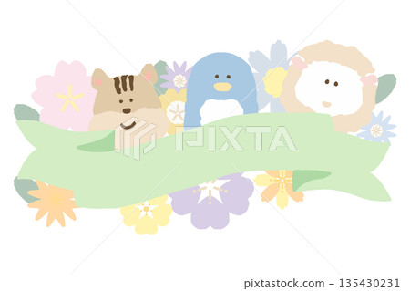 柔和春日色彩畢業/入學系列 | 易於添加文字的動物和花卉插圖 135430231