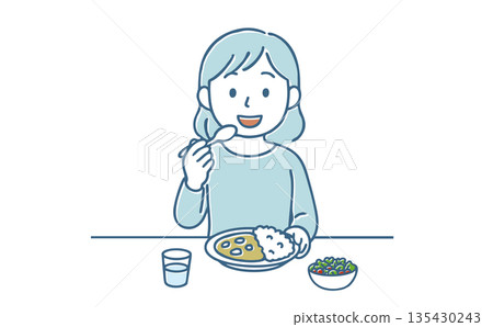 一位微笑的女士正在吃咖哩飯（餐點、午餐、生活方式）的插圖 135430243