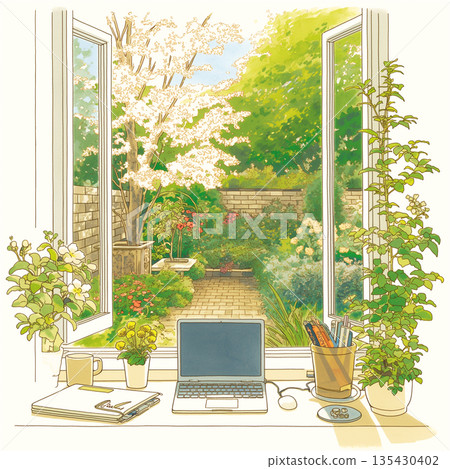 Desk scene in a room where you can work while looking out at the spring garden | Computer, notepad, plants, flower bed, sunlight, comfortable working from home Desk scene in a room where you can work while looking out at the spring garden | Computer, notepad, plants, flower bed, sunlight, comfortable working from home 135430402