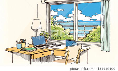 Illustration of a workspace surrounded by nature | Flowers, garden, computer work, work, spring/summer, flower bed, plants Illustration of a workspace surrounded by nature | Flowers, garden, computer work, work, spring/summer, flower bed, plants 135430409