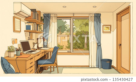 Garden-view room with laptop on desk | Spring flowers, well-maintained garden, houseplants, and stationery 135430427