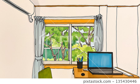 書房裡擺放著書桌和電腦，可以俯瞰鬱鬱蔥蔥的花園 | 花園、鮮花、大自然、房間、書桌、寧靜、遠距辦公 135430446