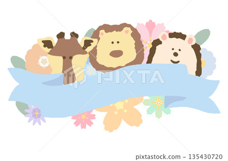 柔和春日色彩畢業/入學系列 | 易於添加文字的動物和花卉插圖 135430720