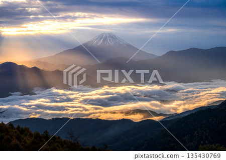 View of the sea of clouds and Mt. Fuji from the Kushigatakeyama forest trail, with the Angel's Ladder View of the sea of clouds and Mt. Fuji from the Kushigatakeyama forest trail, with the Angel's Ladder 135430769