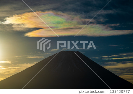 Morning rainbow clouds and Mt. Fuji from Lake Motosu Morning rainbow clouds and Mt. Fuji from Lake Motosu 135430777