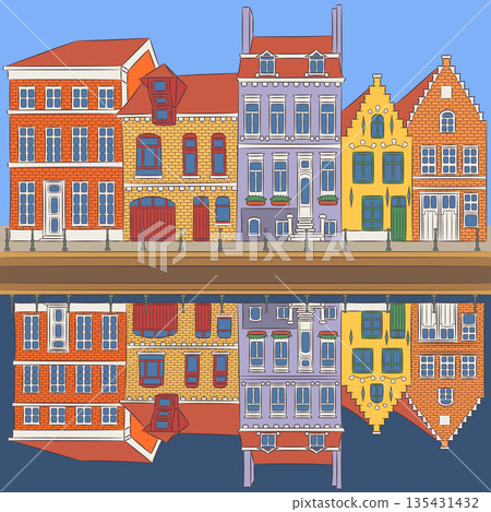 Color vector illustration of Bruges Belgium canal houses 135431432