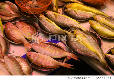 Fish sold at a market in North Point of Hong Kong Island. Many fish are unfamiliar in Japan Fish sold at a market in North Point of Hong Kong Island. Many fish are unfamiliar in Japan 135431451