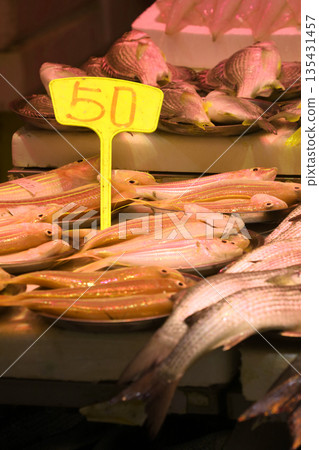 Fish sold at a market in North Point of Hong Kong Island. Many fish are unfamiliar in Japan Fish sold at a market in North Point of Hong Kong Island. Many fish are unfamiliar in Japan 135431457
