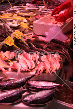 Fish sold at a market in North Point of Hong Kong Island. Many fish are unfamiliar in Japan Fish sold at a market in North Point of Hong Kong Island. Many fish are unfamiliar in Japan 135431462