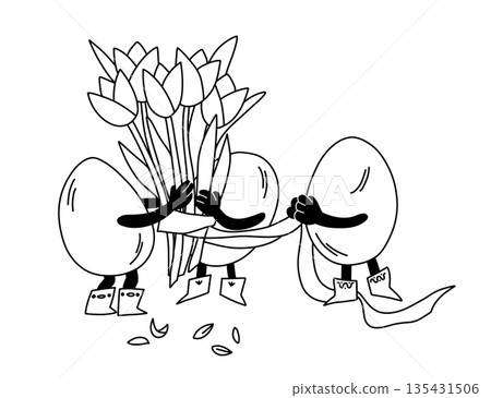 Eggs in boots collect a bouquet of tulips flowers tied with ribbon spring characters 135431506