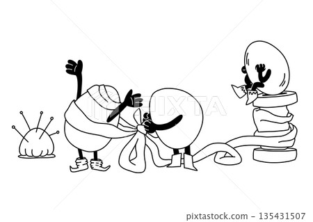 Eggs in boots decorate each other with ribbons and bows pincushion fitting sewing spring update 135431507