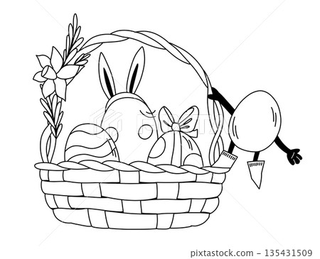 Festive Easter basket with colorful eggs daffodils and ribbons Egg in Boots character Festive Easter basket with colorful eggs daffodils and ribbons Egg in Boots character 135431509