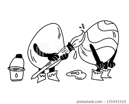 Easter egg painting characters with boots and hands paint each other with a brush and paints 135431510