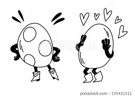 Eggs in boots show off the patterns on their shells to each other Easter characters in line 135431511