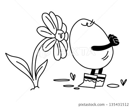 Easter egg character sniffing a smiling spring flower outline illustration for coloring Easter egg character sniffing a smiling spring flower outline illustration for coloring 135431512