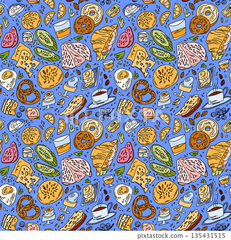 Seamless rich pattern with elements of German breakfast, sandwich, sausages, cheese, jams in doodle style on blue and purple 135431515