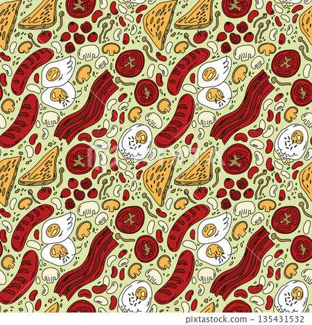 Vintage English breakfast pattern, muted colors for fabric and paper, sausages, eggs, beans, bread 135431532