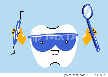 A happy tooth character in a protective mask with a dental mirror and a dental probe in his hands, a funny dentist tooth 135431534