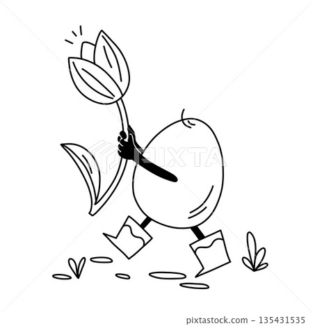 An Easter egg in rubber boots comes with a tulip flower in hand, a primrose as a gift, a cute linear character for coloring 135431535