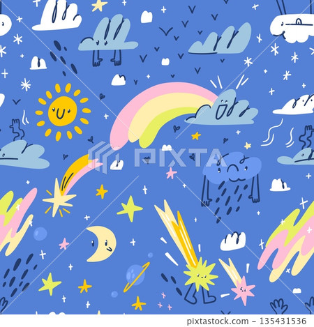 Funny childish background with weather phenomena, celestial bodies and cute characters, pattern with doodle characters stars, sun, moon, for clothes, paper, wallpaper Funny childish background with weather phenomena, celestial bodies and cute characters, pattern with doodle characters stars, sun, moon, for clothes, paper, wallpaper 135431536