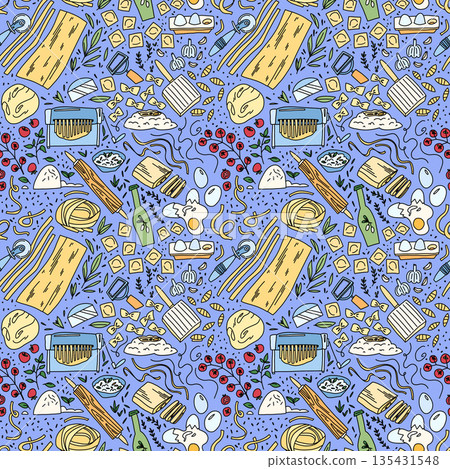Decorative seamless pattern illustrating the process of homemade pasta making. Hand drawn elements of Italian cuisine fresh dough, eggs, flour, spaghetti and herbs are arranged in a repeating layout. Decorative seamless pattern illustrating the process of homemade pasta making. Hand drawn elements of Italian cuisine fresh dough, eggs, flour, spaghetti and herbs are arranged in a repeating layout. 135431548