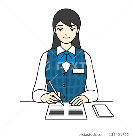 A female office worker writing documents at her desk with a pen and a smile 135431755