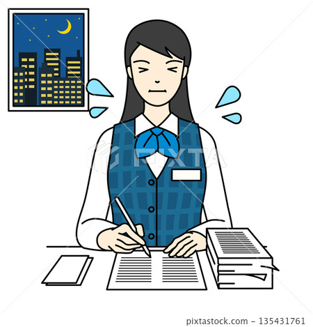 一位女士熬夜工作到深夜，冷汗涔涔。 135431761