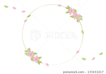 Japanese style round frame of cherry blossoms and leaves Circular decoration and white background Japanese style round frame of cherry blossoms and leaves Circular decoration and white background 135431817