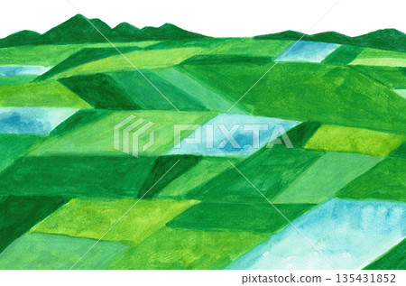 Hand-drawn watercolor illustration of rural landscape 135431852