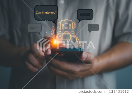 Person using smartphone with chatbot robot offering help, representing AI assistant, digital communication, customer support, and artificial intelligence in mobile technology and automation. Person using smartphone with chatbot robot offering help, representing AI assistant, digital communication, customer support, and artificial intelligence in mobile technology and automation. 135431912