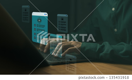Person using laptop with digital documents showing ISO certification form and checklist, symbolizing quality management, compliance, auditing, international standard in business or technology system. Person using laptop with digital documents showing ISO certification form and checklist, symbolizing quality management, compliance, auditing, international standard in business or technology system. 135431918