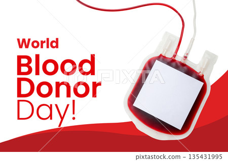 Blood bag with red liquid suitable for donation awareness 135431995