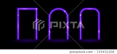 Glow neon rectangle and arch frames. Purple shining flare borders. Glowing portal doors concept. Futuristic rectangular and curved arc border. Vector illuminated elements for poster, banner, brochure Glow neon rectangle and arch frames. Purple shining flare borders. Glowing portal doors concept. Futuristic rectangular and curved arc border. Vector illuminated elements for poster, banner, brochure 135432208