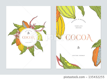 Creative poster template design, line art illustration of cocoa and leaves on white Creative poster template design, line art illustration of cocoa and leaves on white 135432255