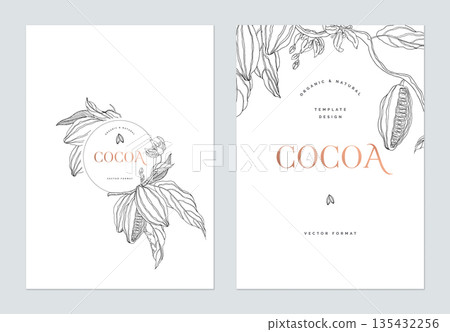 Creative poster template design, line art illustration of cocoa and leaves on white Creative poster template design, line art illustration of cocoa and leaves on white 135432256