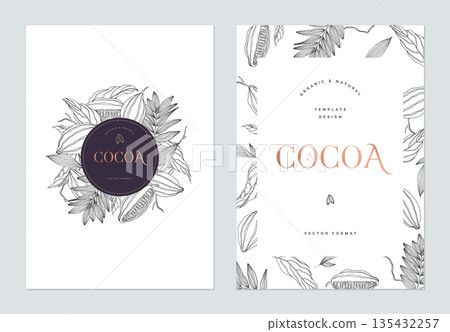 Creative poster template design, line art illustration of cocoa and various leaves on white 135432257