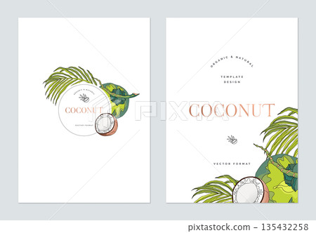 Creative poster template design, line art illustration of coconut and leaves on white 135432258
