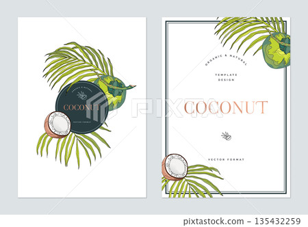 Creative poster template design, line art illustration of coconut and leaves on white 135432259