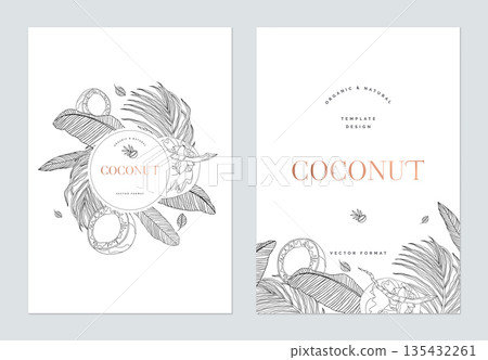 Creative poster template design, line art illustration of coconut and various leaves on white 135432261