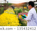 Agricultural scientist in white lab coat and gloves observing and taking notes in a vibrant flower field, symbolizing floriculture research, crop monitoring, smart farming, and environmental science 135432412