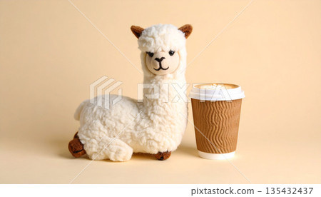 Felt-style alpaca and coffee - a relaxing cafe time image 135432437