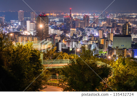 Hyogo Prefecture: Night view of Kobe Venus Bridge and Suwayama Park Observatory before dawn Hyogo Prefecture: Night view of Kobe Venus Bridge and Suwayama Park Observatory before dawn 135432724