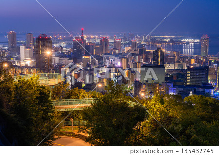 Hyogo Prefecture: Night view of Kobe Venus Bridge and Suwayama Park Observatory before dawn Hyogo Prefecture: Night view of Kobe Venus Bridge and Suwayama Park Observatory before dawn 135432745