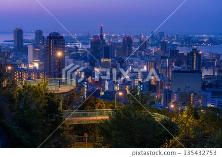 兵庫縣：黎明前神戶維納斯橋與諏訪山公園展望台的夜景 135432753