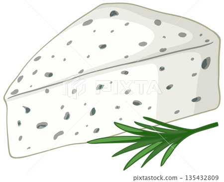 Wedge of Blue Cheese with Fresh Rosemary Sprig Vector Illustration 135432809