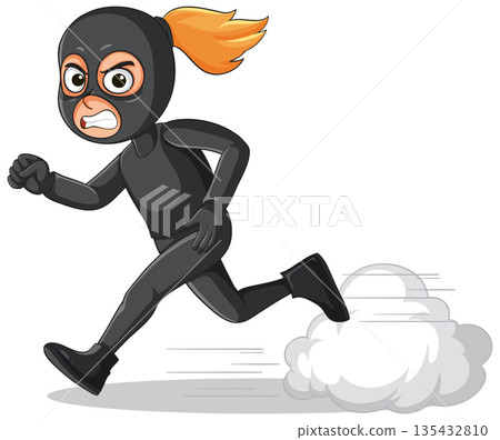 Female Robber in Black Suit Running Fast 135432810