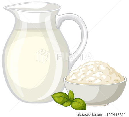 Vector Illustration of Fresh Milk in a Glass Pitcher and Cottage Cheese Vector Illustration of Fresh Milk in a Glass Pitcher and Cottage Cheese 135432811